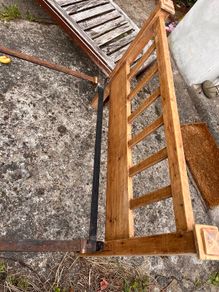 Antique pine bed ends and iron rails