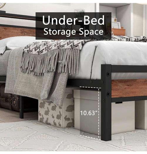 Double Bed Frame with Storage Headboard,Wooden Bed Frame Double Metal Platform Bed Frame No Box Spring Needed,Sturdy Metal Frame Base,Under Bed Storage,No Squeak,Easy Assembly for