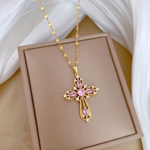 Cross Crucifix Pink Stone Crystal Gold Pendant Necklace