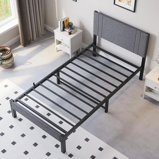 Metal Single Bed Frame with Storage and Shelf Headboard, 3ft Upholstered Metal Single Bed Frame with Slats Enhanced Support, No Box Spring Needed, Noise Free,Easy Assembly,Dark Gray bed frames