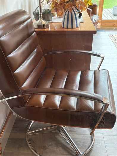 French Leather Swivel Arm Chair & Matching Foot Stool