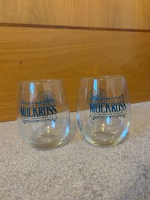 A Pair of clear stemless Muckross Irish Gin glasses