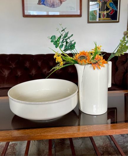 Large Sarreguemines France Ivory Washbasin and Jug Art Deco 1920s to 50s