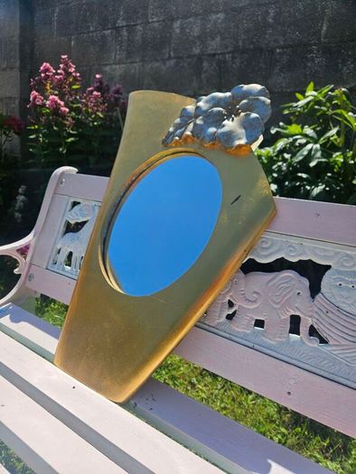 Vintage Mid-Century Modern Asymmetrical Gold Shield Wall Mirror with Floral Detail (70cm x 50cm)