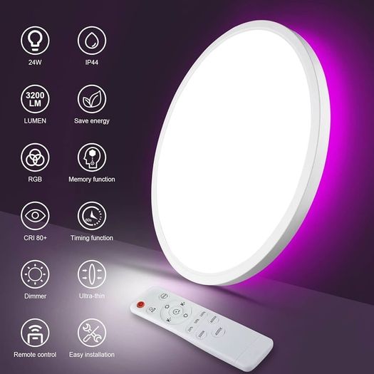 FREE EXPRESS SHIPPING LED Ceiling Light with RGB Backlight, 24W 3200LM 3000K-6500K Dimmable with Remote Control, RGB Chasing Timer & Memory, IP44 Ultrathin Round Ceiling Light for Bedroom/Living Room/Bathroom/Kitchen