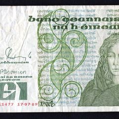 1989 Ireland IR1 Queen Medb (Maeve) Banknote Series B. Note issued 17/07/89. Serial number BAK311477