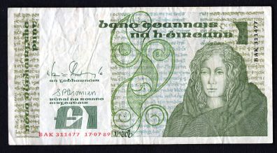 1989 Ireland IR1 Queen Medb (Maeve) Banknote Series B. Note issued 17/07/89. Serial number BAK311477