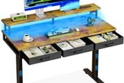 Electric Standing Desk, 120 x 54cm Height Adjustable Desk with 3 Drawers, RGB LED Strip &amp; Charging Station