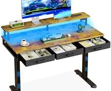 Electric Standing Desk, 120 x 54cm Height Adjustable Desk with 3 Drawers, RGB LED Strip & Charging Station