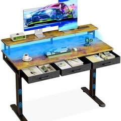 Electric Standing Desk, 120 x 54cm Height Adjustable Desk with 3 Drawers, RGB LED Strip & Charging Station