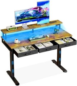 Electric Standing Desk, 120 x 54cm Height Adjustable Desk with 3 Drawers, RGB LED Strip & Charging Station