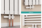 EMKE Multiblock Radiator Valve Fittings, Tap Block Heating Accessories Corner and Passage Shape 50 mm, Valve Tap Block Radiator Valve with Thermostat (for 15 mm + 16 mm Pipes x G1/2 Inch, 1 Piece, White)