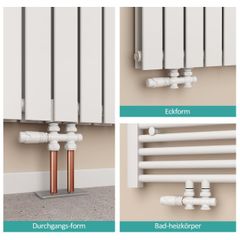 EMKE Multiblock Radiator Valve Fittings, Tap Block Heating Accessories Corner and Passage Shape 50 mm, Valve Tap Block Radiator Valve with Thermostat (for 15 mm + 16 mm Pipes x G1/2 Inch, 1 Piece, White)