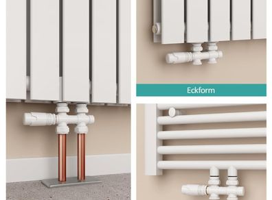 EMKE Multiblock Radiator Valve Fittings, Tap Block Heating Accessories Corner and Passage Shape 50 mm, Valve Tap Block Radiator Valve with Thermostat (for 15 mm + 16 mm Pipes x G1/2 Inch, 1 Piece, White)