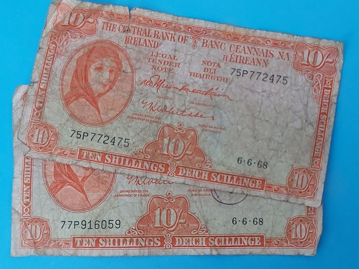 Irish 1968 X 2 Lavery ten shilling banknote in used condition