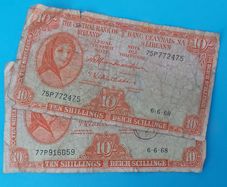Irish 1968 X 2 Lavery ten shilling banknote in used condition