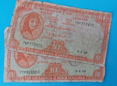 Irish 1968 X 2 Lavery ten shilling banknote in used condition