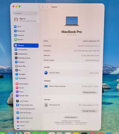 MacBook Pro A2141 2019 16" i7-9750H 32GB  Radeon 5300 / 32 Gram / 1TB NVMe  mac OS Tahoe cycle count :32