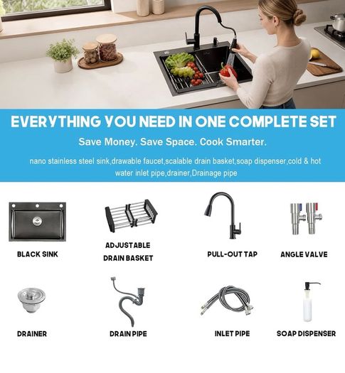Black Kitchen Sink 50 x 45cm Stainless Steel Sink Bowl with Pull Down Tap Kitchen Sinks Single Bowl with Drainer Basket Soap Dispenser, Deep Bowl for UK Kitchens, Top/Flush/Undermount Sink