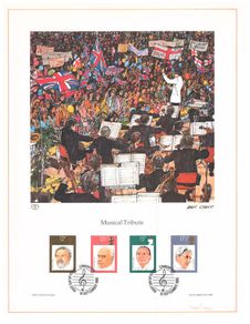1980 Great Britain Limited Edition Lithographed Print measuring 333mm X 257mm showing British Conductors Commemorative stamps with First Day of Issue Cancel