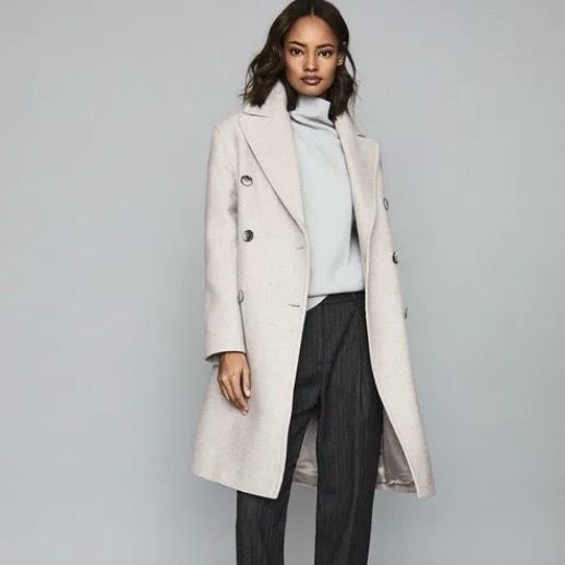 Reiss Tailored Double Breasted Wool Blend Coat Light Gray Melange (Size M) Like New