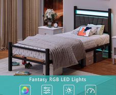 Bed frame with Headboard and USB Charging Station,Heavy Duty Bed Single Size with LED Lights