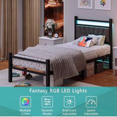 Bed frame with Headboard and USB Charging Station,Heavy Duty Bed Single Size with LED Lights