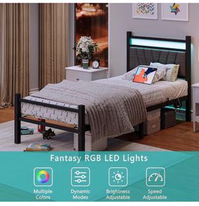 Bed frame with Headboard and USB Charging Station,Heavy Duty Bed Single Size with LED Lights