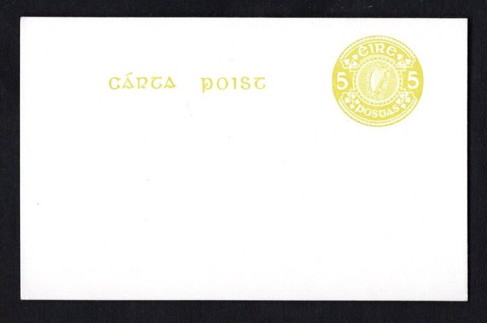 1975 Ireland 5p prepaid postcard with yellow/ light green stamp typotrahged on white cardboard.