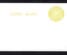 1975 Ireland 5p prepaid postcard with yellow/ light green stamp typotrahged on white cardboard.