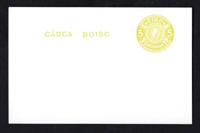 1975 Ireland 5p prepaid postcard with yellow/ light green stamp typotrahged on white cardboard.