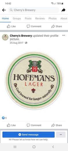 hoffman's lager x 2  half pints glasses rare item ,by cherry's brewery's waterford ,,very good condition,,buyer collects or pays postage thank you