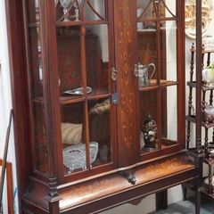 Antique English Mahogany Display Cabinet with Inlay, c. 1890-1900