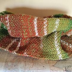 Brand New Hand Knitted Traditional Wool Snood Rustic Mix of Green Orange Brown White