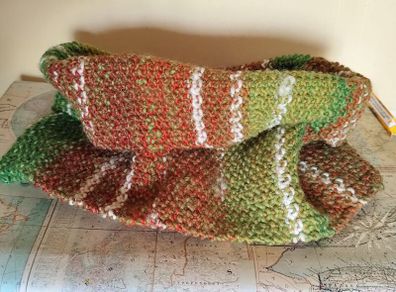 Brand New Hand Knitted Traditional Wool Snood Rustic Mix of Green Orange Brown White