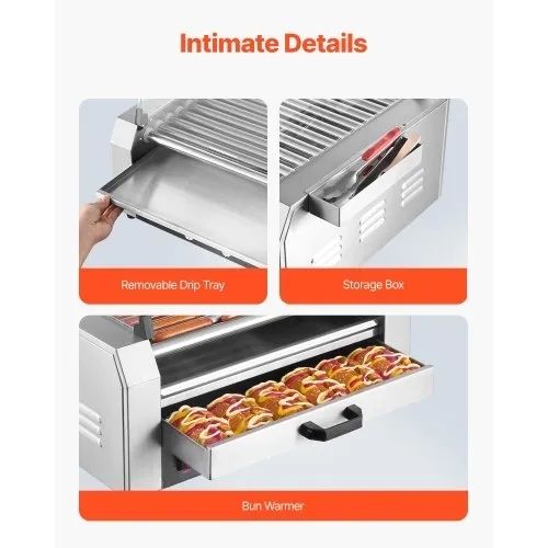 Hot Dog Roller, 30 Hot Dog 11 Rollers, Stainless Steel Sausage Grill Cooker, 2400W Hot Dog Machine with Bun Warmer, Cover, 3 Temp Control, Side Storage Box, Oil Drip Tray, for Home & Commercial