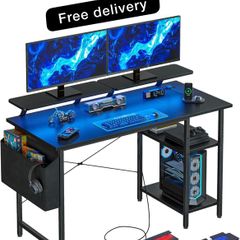 Gaming Desk with LED Lights & Power Outlets, Reversible