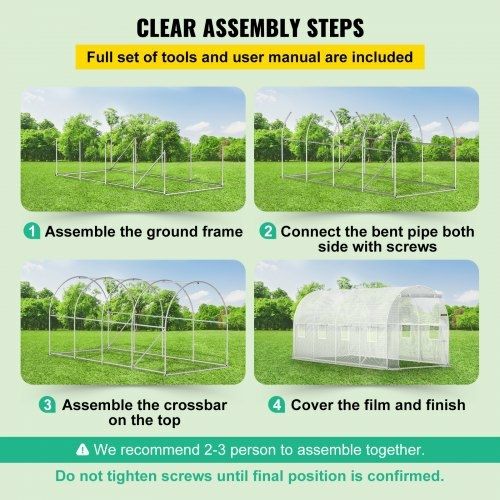 Walk-in Tunnel Greenhouse, 457.2 x 198.12 x 213.4 cm Portable Plant Hot House w/ Galvanized Steel Hoops, 1 Top Beam, 2 x Diagonal Poles, 2 Zippered Doors & 8 Roll-up Windows, White