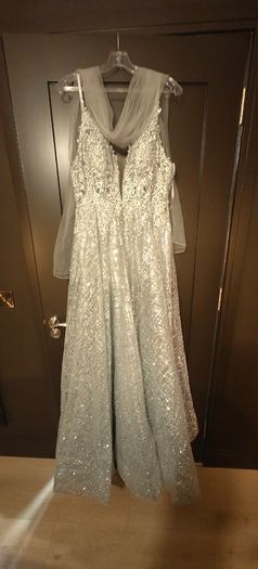 Stunning silver low back formal dress with lace & glitter detail
