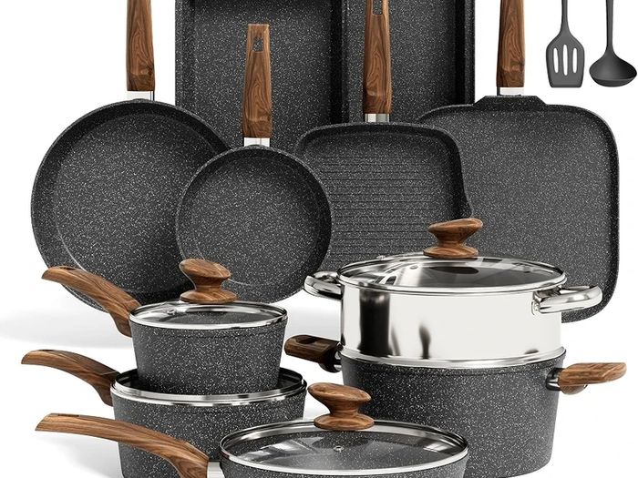 17pcs Induction Hob Pan Set, Black Granite Cookware Sets Pots and Pans Sets Non Stick, Nonstick Cookware and Bakeware, PFOA & PFOS Free