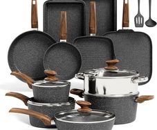 17pcs Induction Hob Pan Set, Black Granite Cookware Sets Pots and Pans Sets Non Stick, Nonstick Cookware and Bakeware, PFOA & PFOS Free