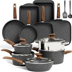 17pcs Induction Hob Pan Set, Black Granite Cookware Sets Pots and Pans Sets Non Stick, Nonstick Cookware and Bakeware, PFOA & PFOS Free