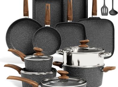 17pcs Induction Hob Pan Set, Black Granite Cookware Sets Pots and Pans Sets Non Stick, Nonstick Cookware and Bakeware, PFOA & PFOS Free