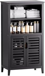 Bathroom Cabinet, Bamboo Side Storage Organizer with 2 Doors and Removable Shelves, Freestanding Floor Cabinet for Living Room Kitchen Bedroom, Black