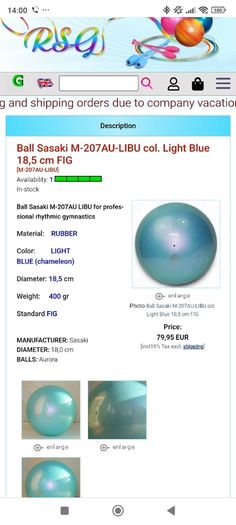 Gymnastics ball Sasaki light blue 18.5cm