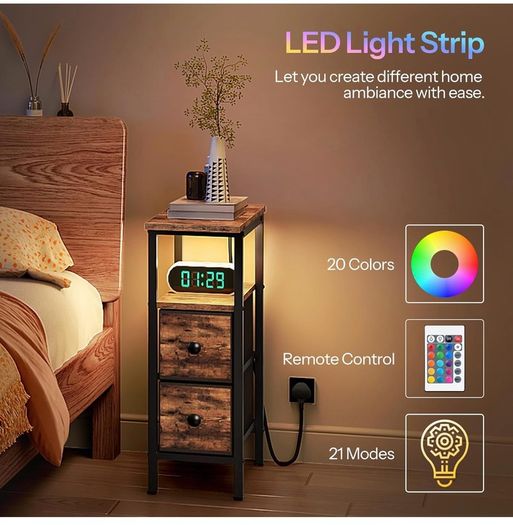 Slim Bedside Table with Charging Station, Narrow Side Table with LED Lights and 2 Fabric Drawers, Nightstand for Small Space, Bedroom, Living Room, Rustic Brown and Black