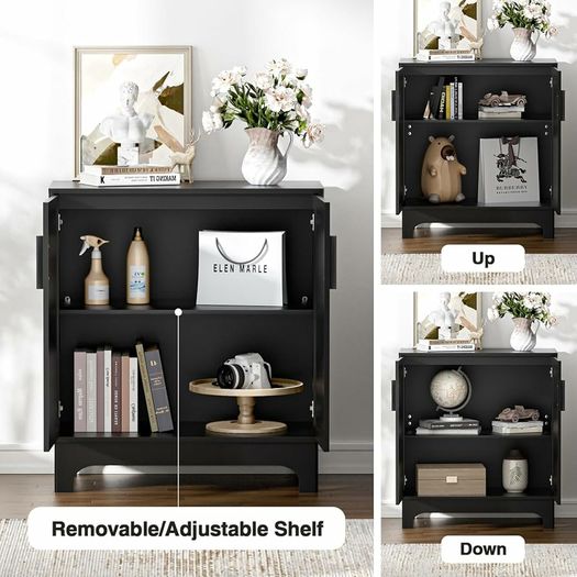 Black Sideboard for Living Room Rattan Buffet Storage Cabinets with Adjustable Shelves, Magnetic Closure, Accent Cabinet Cupboard for Kitchen Hallway Dining Room Furniture 80 x 40 x 89 cm
