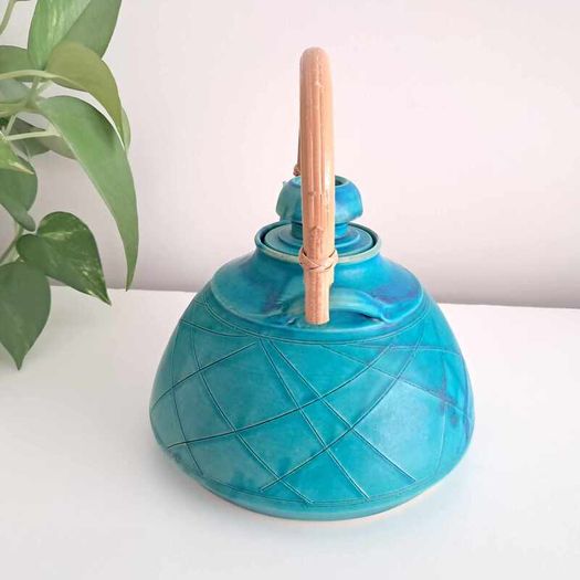 Turquoise Rustic Stoneware - Pottery Teapot With Bamboo Handle