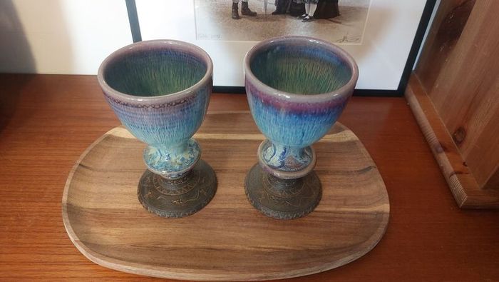 Wonderful Pair of Studio Art Pottery Goblets by Martin Branch Lyre Pottery, Cloncorban, Rossmore, Clonakilty, West Cork in a Fabulous Colourful Variegated Glaze. Pair One