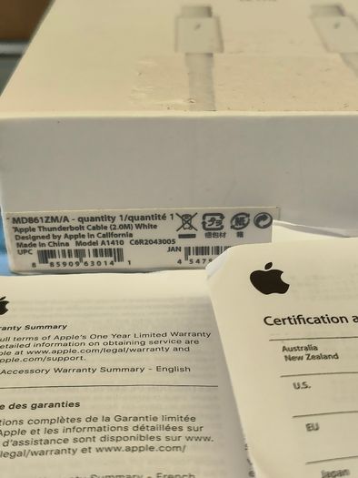 Genuine Official Apple Thunderbolt 2 Cable 2m A1410 White Md861zm/a Original/ New